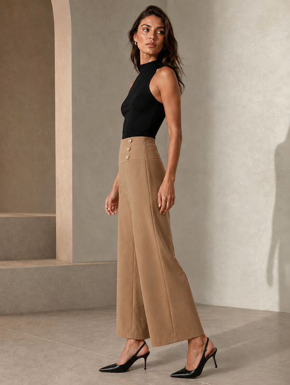 Pantaloni eleganți pentru femei, de culoare caramel, cu nasturi aurii