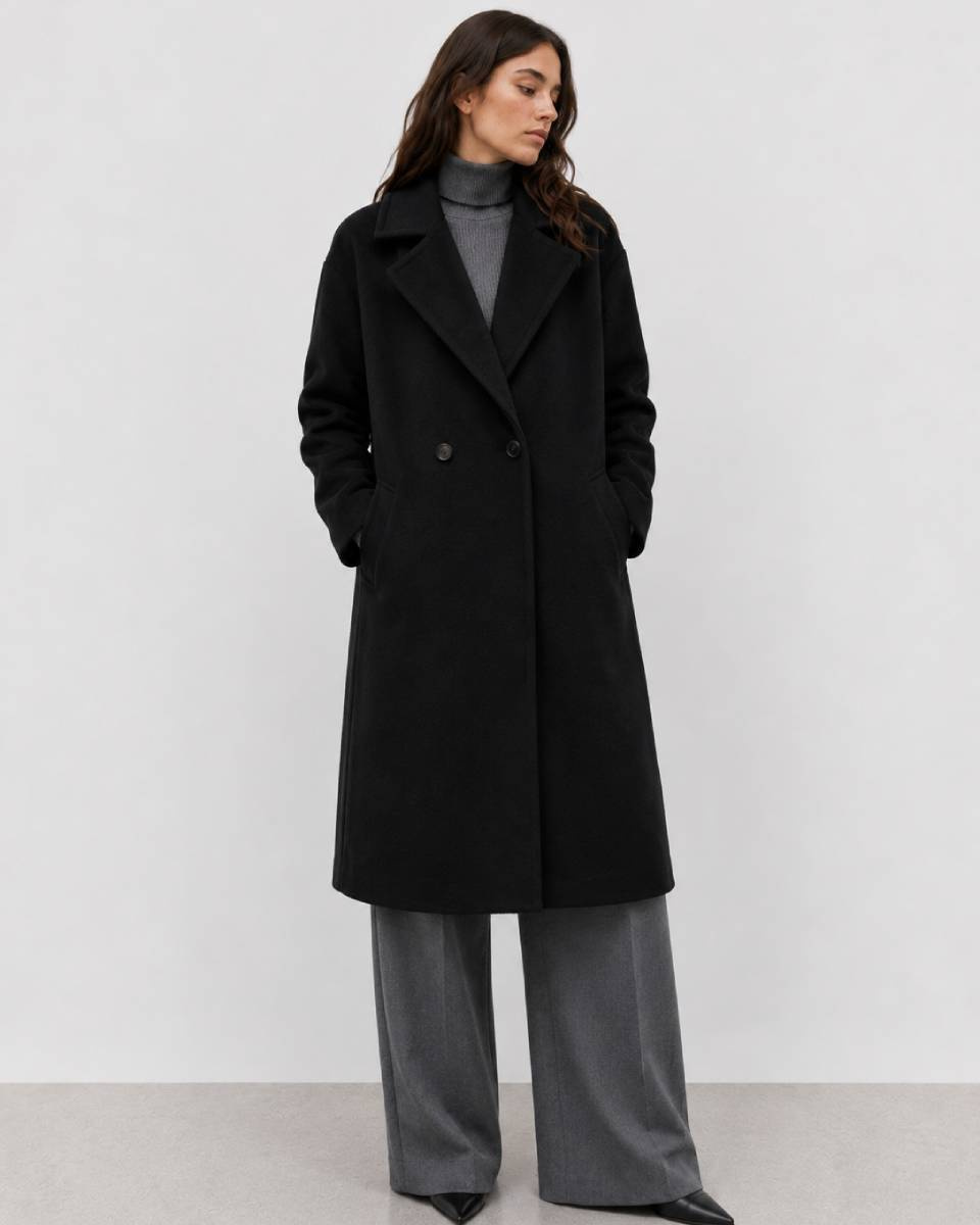 Palton negru oversize pentru femei, până la genunchi