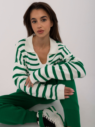 Set compus din pulover cu dungi și pantaloni cu manșete, verde-ecru