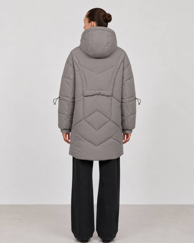 Jachetă puffer gri, oversize, cu glugă
