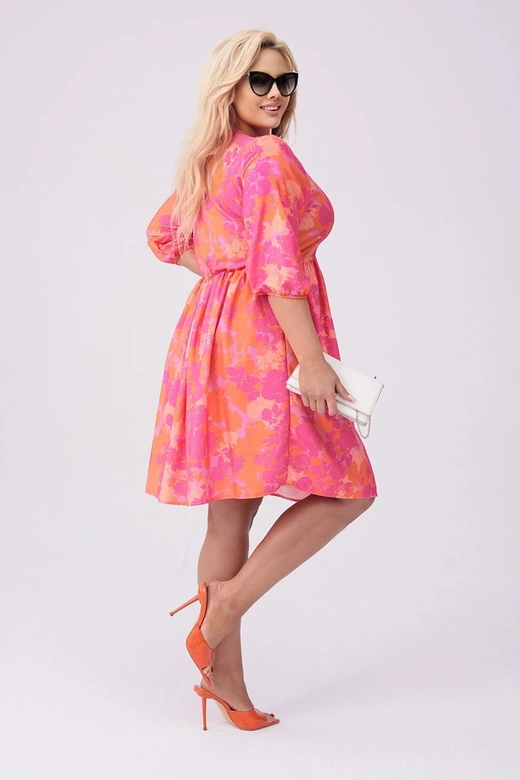 Rochie plus size cu imprimeu floral roz-portocaliu
