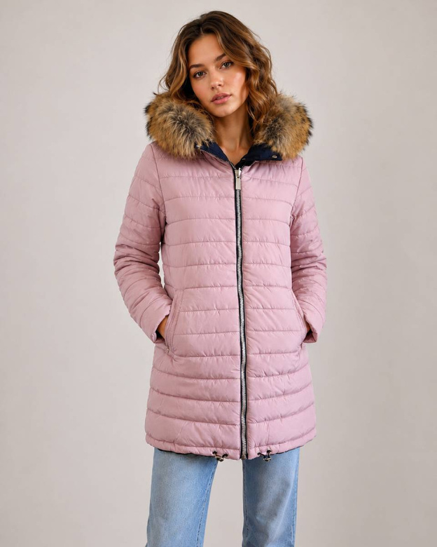 Jachetă de iarnă tip parka reversibilă, în culorile bleumarin și roz, cu glugă și blană detașabilă