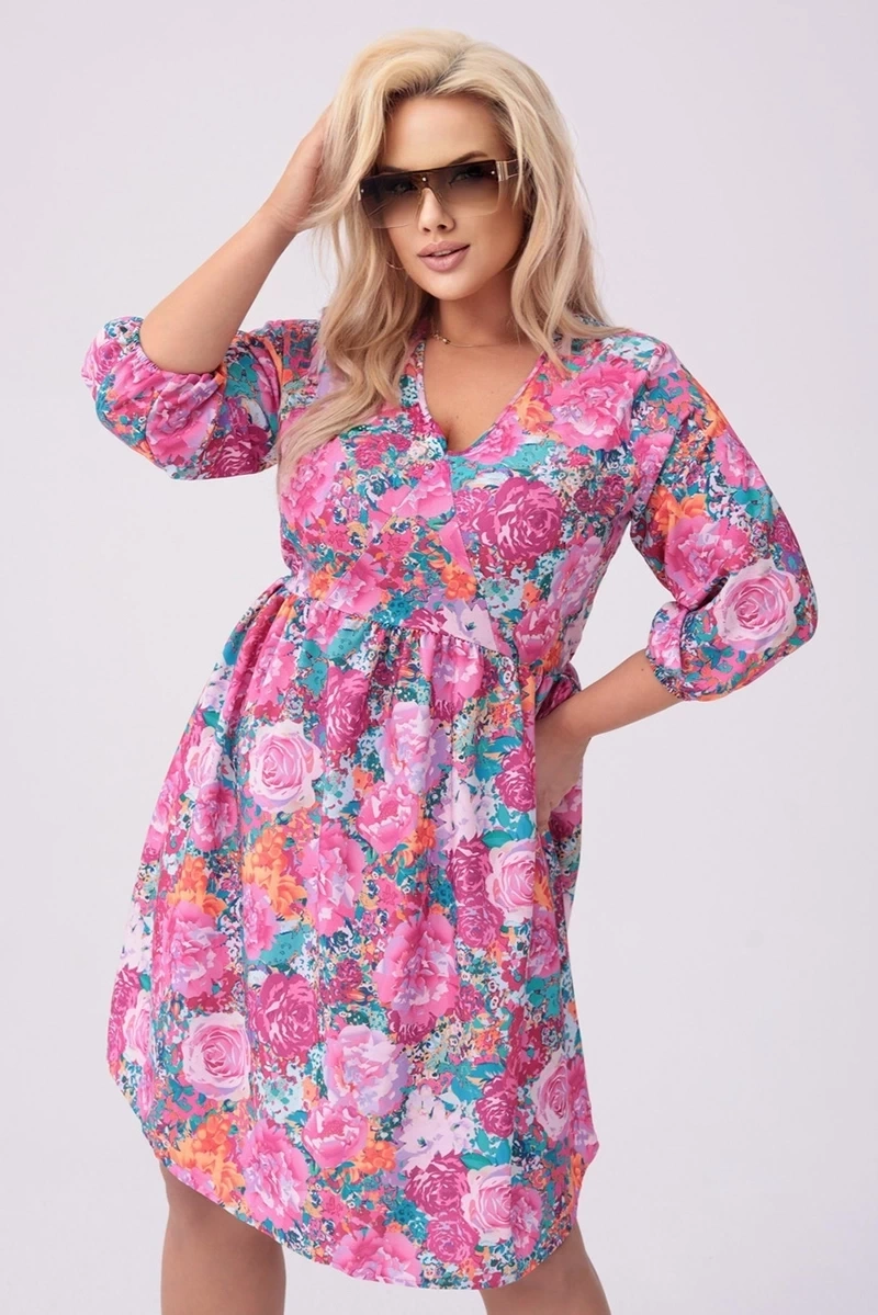Rochie plus size cu imprimeu floral fucsia
