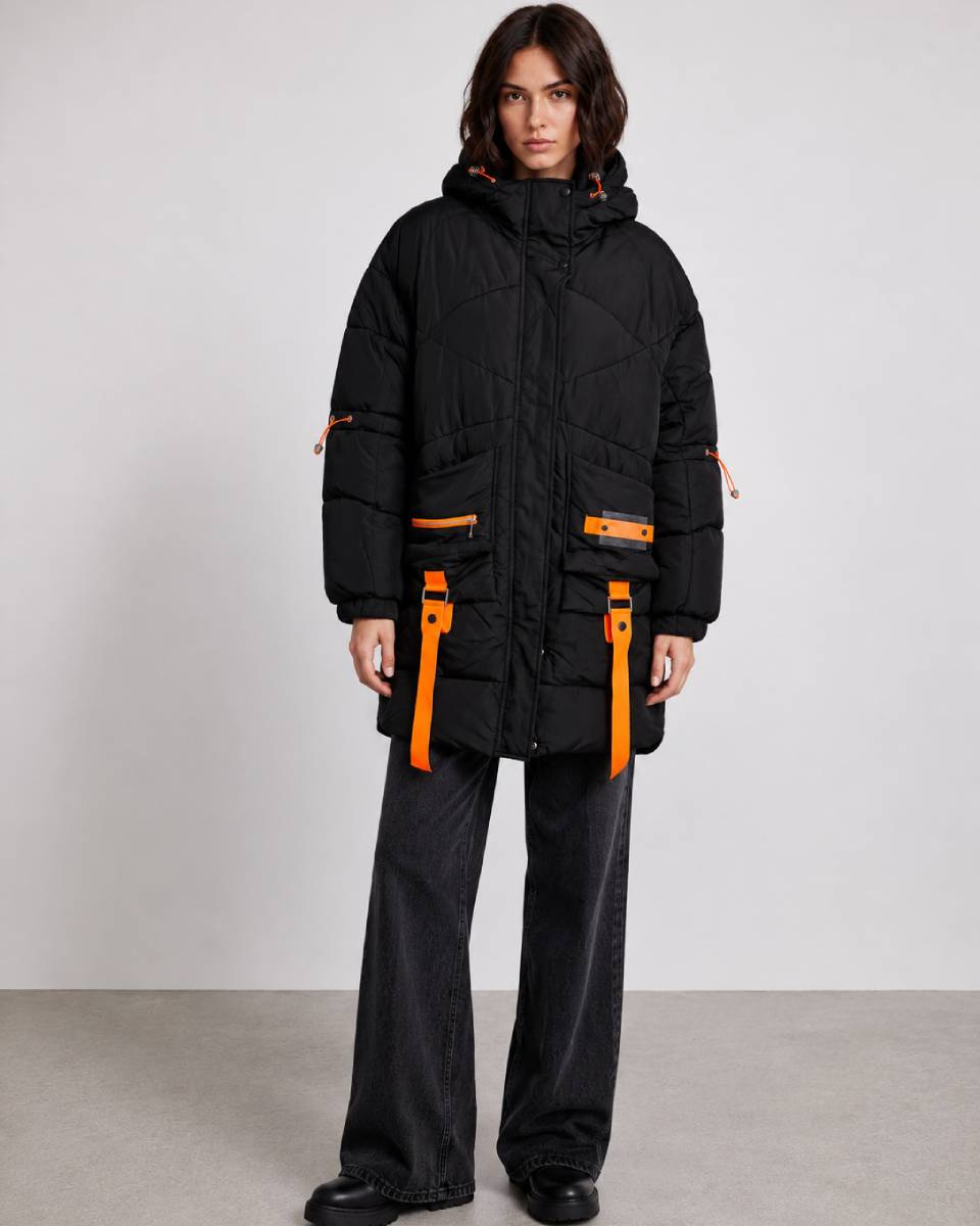 Jachetă neagră tip puffer, oversize, cu glugă