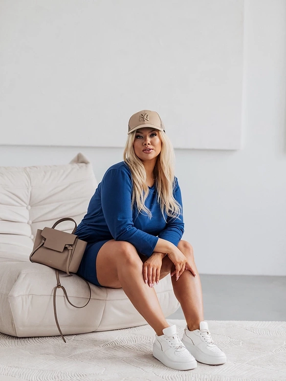 Rochie din bumbac de culoare bleumarin, mărime mare, cu mâneci 3/4