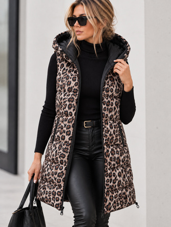 Vestă lungă tip 2 în 1, negru cu imprimeu leopard