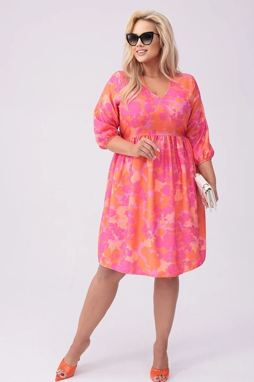 Rochie plus size cu imprimeu floral roz-portocaliu