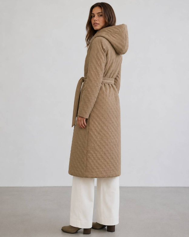 Palton feminin reversibil, cu glugă, de culoare camel