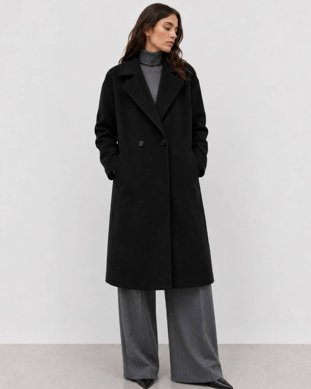 Palton negru oversize pentru femei, până la genunchi