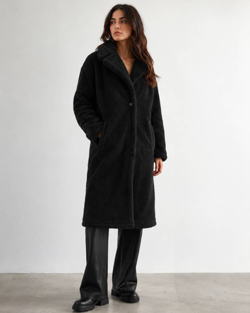 Palton negru pentru femei, tip „baranek”, oversize