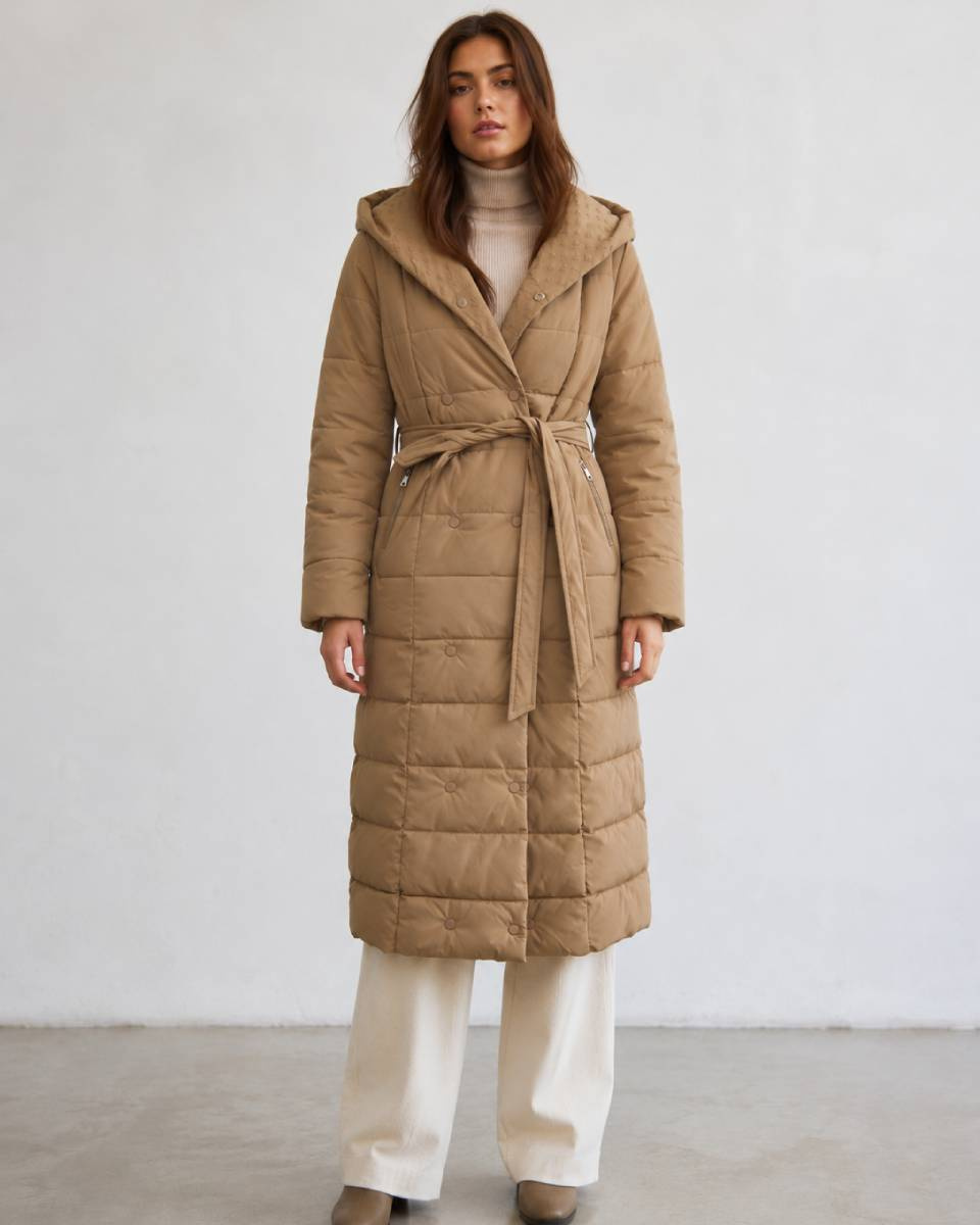 Palton feminin reversibil, cu glugă, de culoare camel