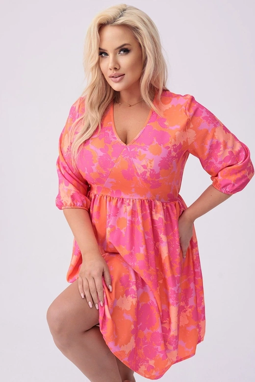 Rochie plus size cu imprimeu floral roz-portocaliu