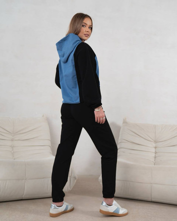 Set de trening albastru-negru cu glugă – hanorac larg cu buzunar tip cangur și pantaloni comozi
