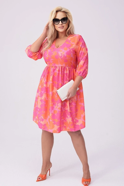 Rochie plus size cu imprimeu floral roz-portocaliu