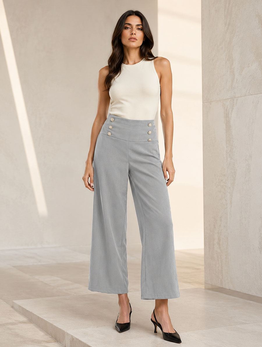 Pantaloni eleganți gri pentru femei, cu nasturi aurii