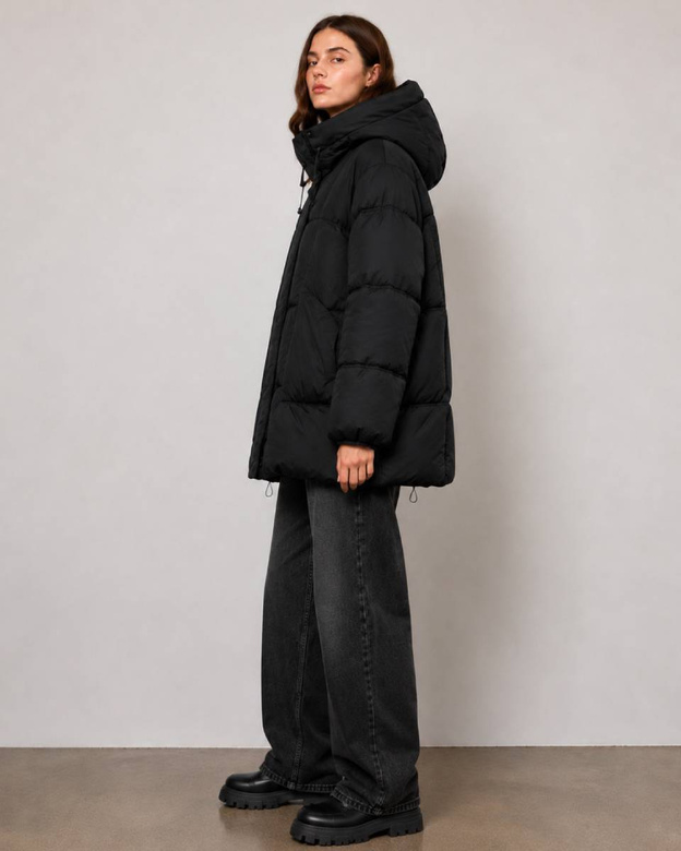 Jachetă de damă neagră, oversize, tip puffer, din puf