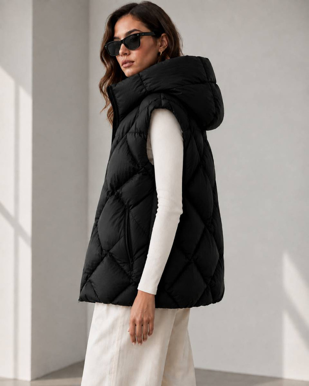 Vestă de damă oversize cu efect 3D și glugă, neagră 