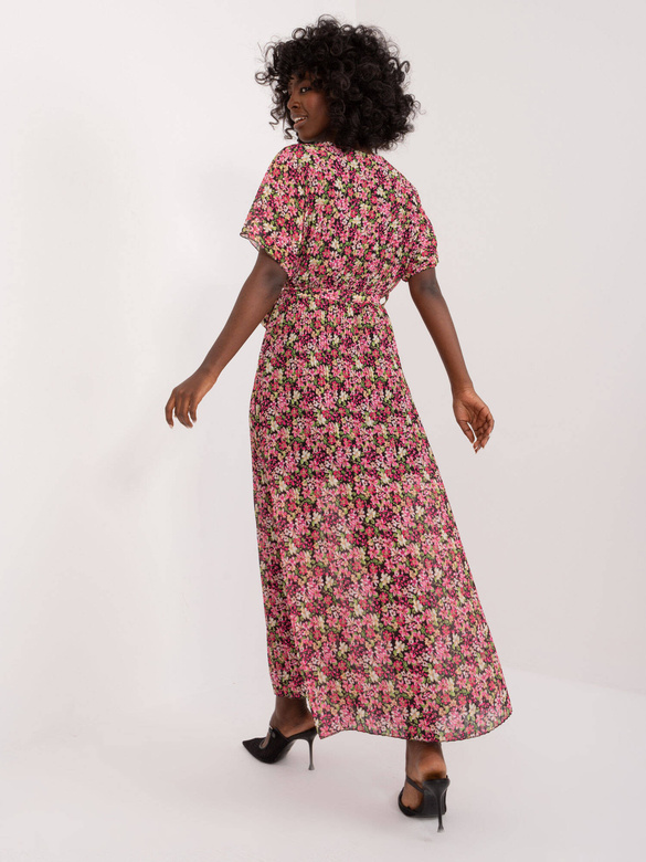Rochie maxi plisată, negru-roz