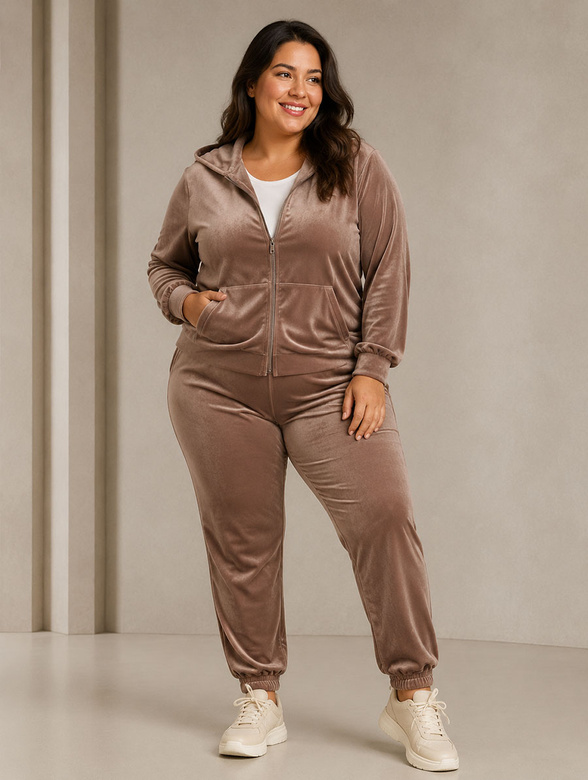Set plus size: hanorac + pantaloni de trening din velur bej
