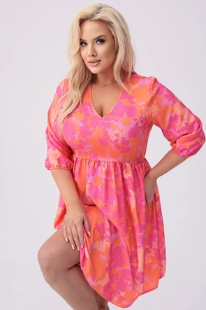 Rochie plus size cu imprimeu floral roz-portocaliu