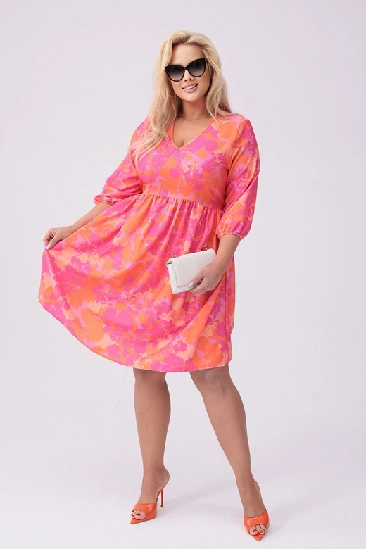 Rochie plus size cu imprimeu floral roz-portocaliu