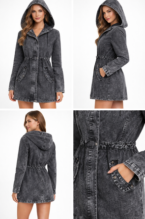 Jachetă casual din denim negru, cu glugă