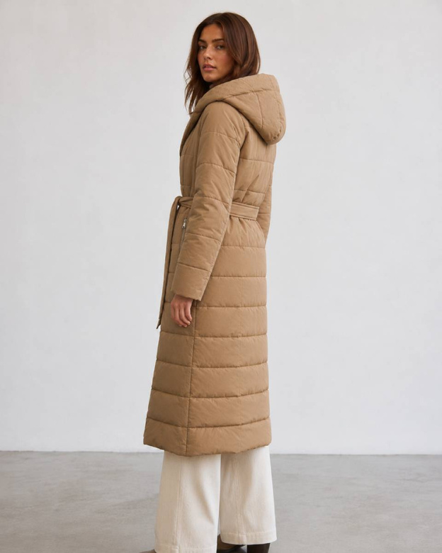 Palton feminin reversibil, cu glugă, de culoare camel