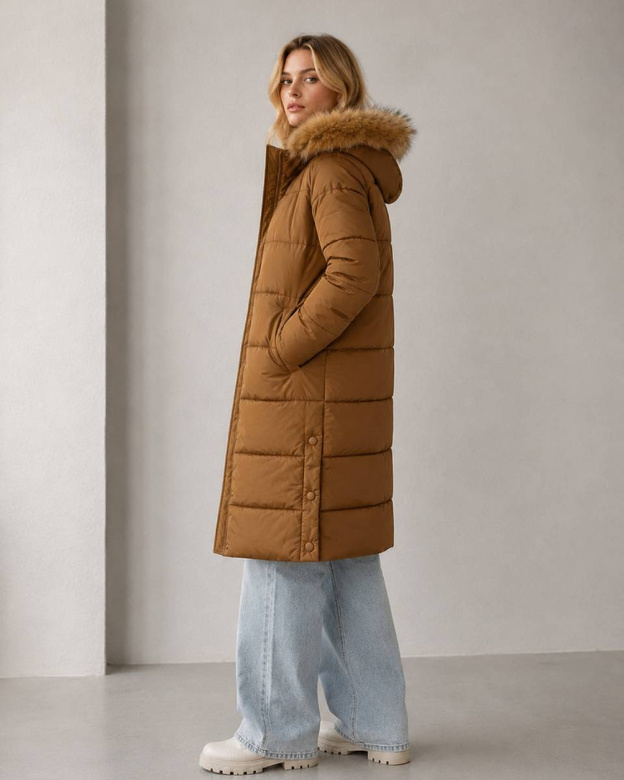 Jachetă lungă de iarnă pentru femei, de culoare camel (V725)