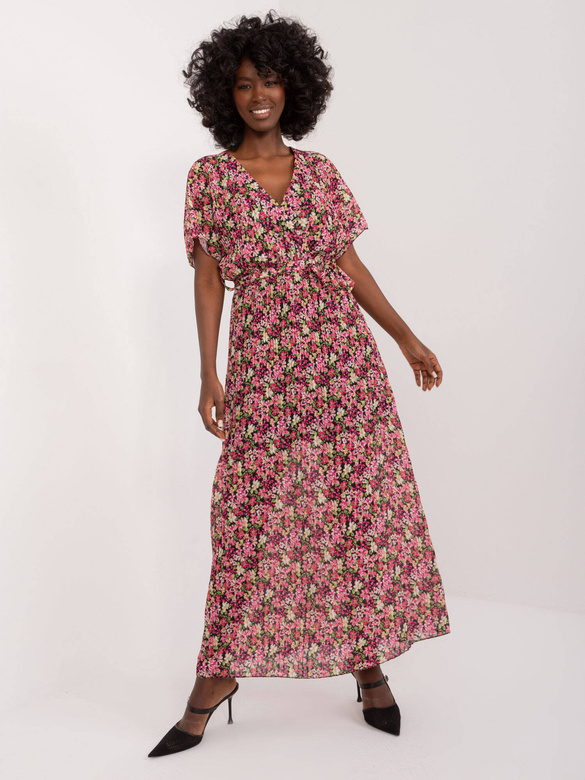 Rochie maxi plisată, negru-roz