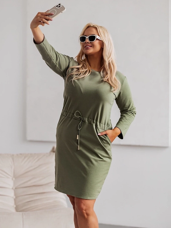 Rochie din bumbac de dimensiuni mari, cu mâneci 3/4, de culoare kaki