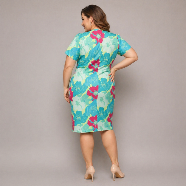 Rochie plus size cu decolteu tip plic, verde-fucsia, cu flori