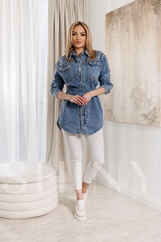 Jachetă din denim cu curea, albastră