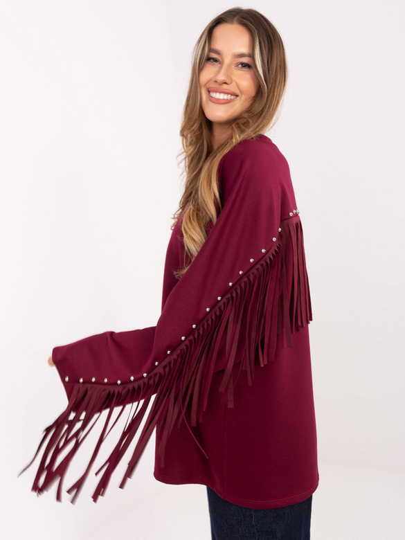 Hanorac oversized cu ținte și franjuri de culoare bordo