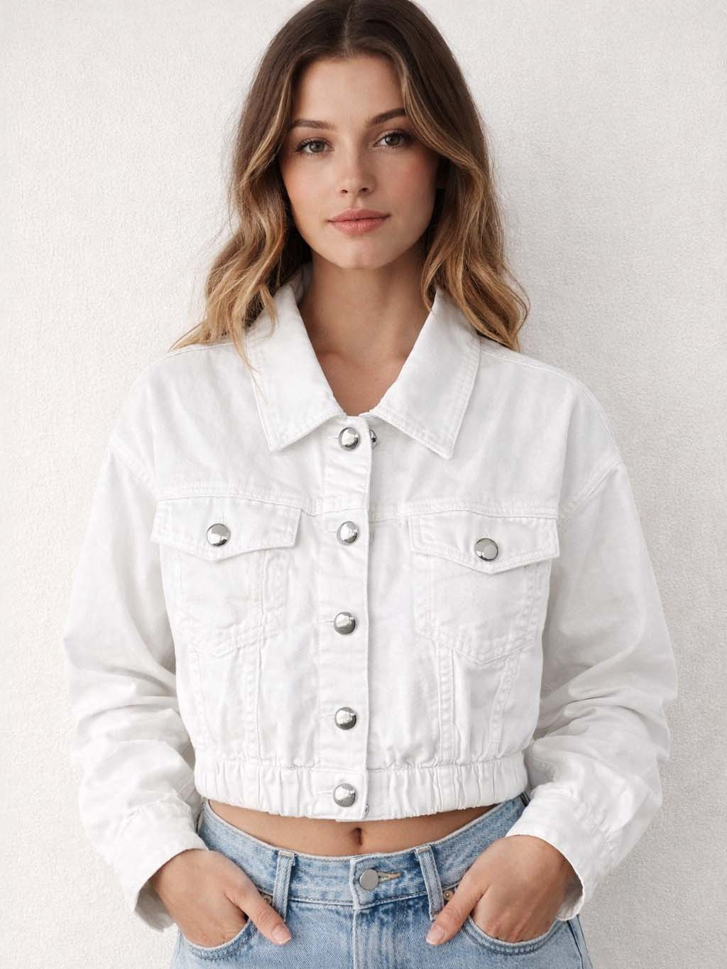 Jachetă albă din denim, oversized, până la talie
