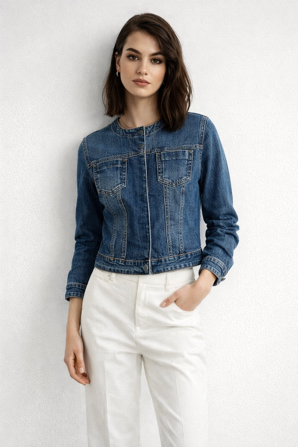 Jachetă din denim mulată, cu decolteu rotund