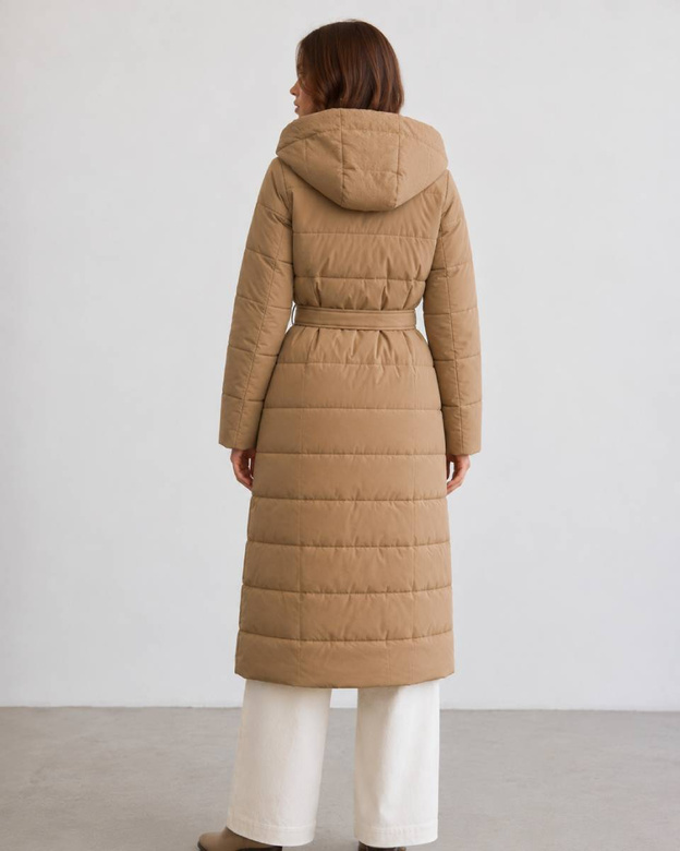 Palton feminin reversibil, cu glugă, de culoare camel