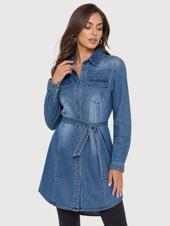 Tunică cu curea și guler, cu nasturi, albastru denim