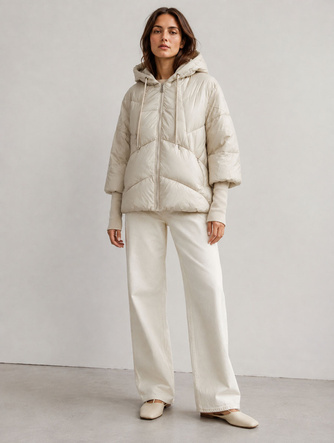 Geacă de damă oversize cu glugă și manșete tricotate, ecru