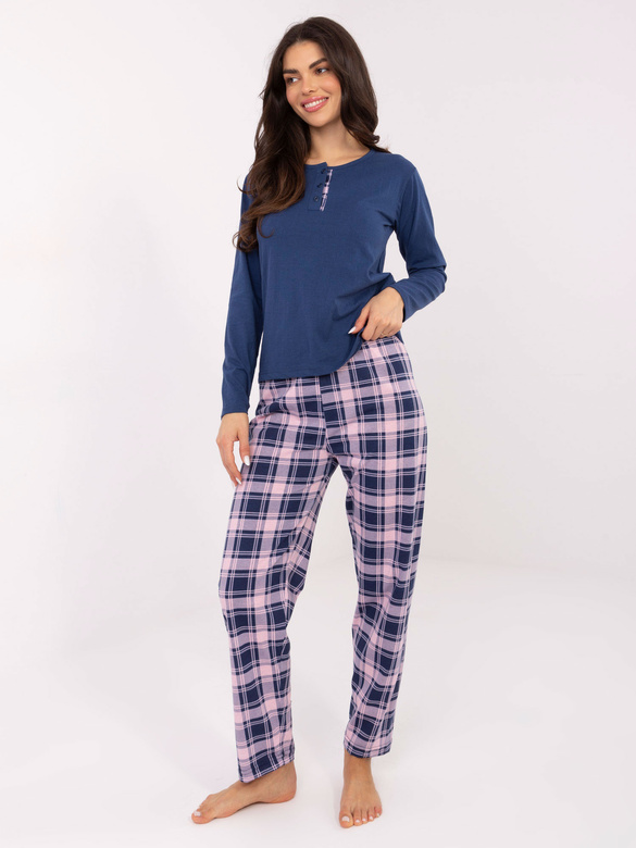 Pijama din bumbac, în două piese, de culoare albastru închis și roz