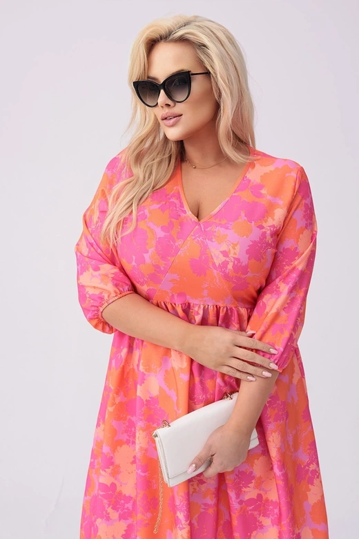 Rochie plus size cu imprimeu floral roz-portocaliu
