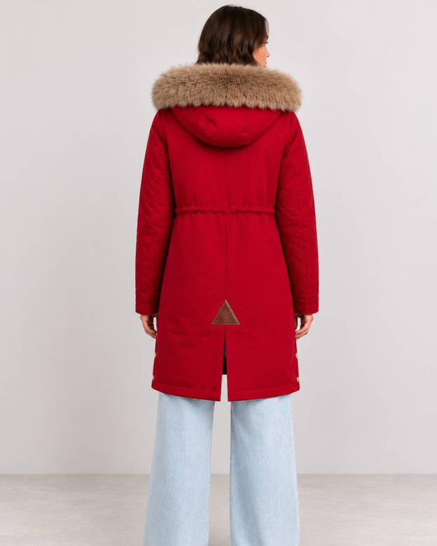 Parka de iarnă roșie pentru femei, cu blană și glugă