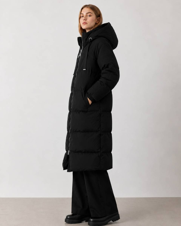 O jachetă de iarnă lungă, foarte călduroasă, pentru femei, de culoare neagră