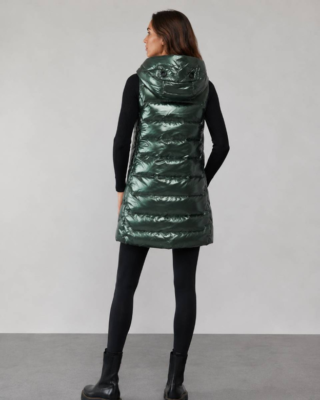 Vestă lucioasă de damă cu glugă, verde