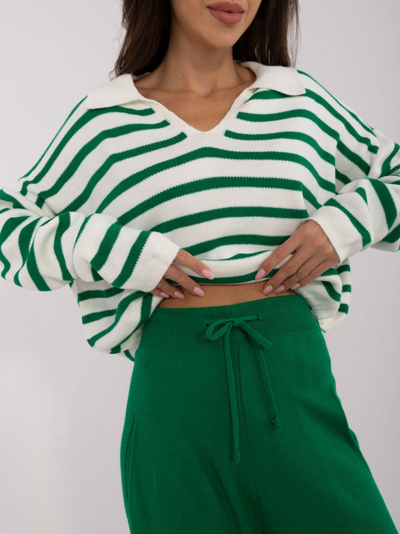 Set compus din pulover cu dungi și pantaloni cu manșete, verde-ecru