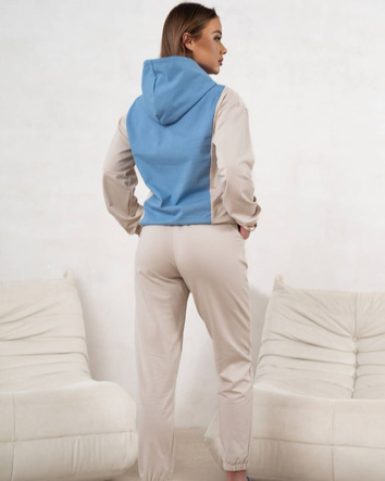 Set de trening albastru-bej cu glugă – hanorac lejer cu buzunar de cangur și pantaloni comozi