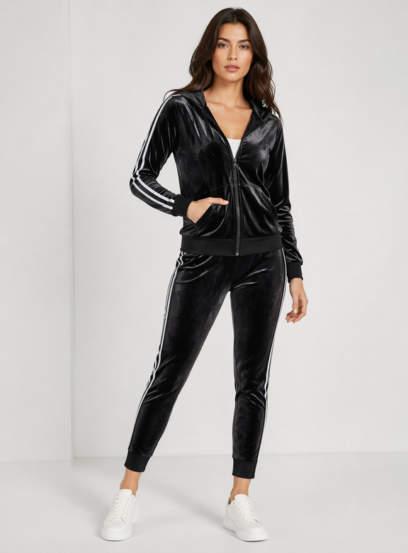 Hanorac pentru femei, cu glugă și fermoar, negru – hanorac cu fermoar + pantaloni casual