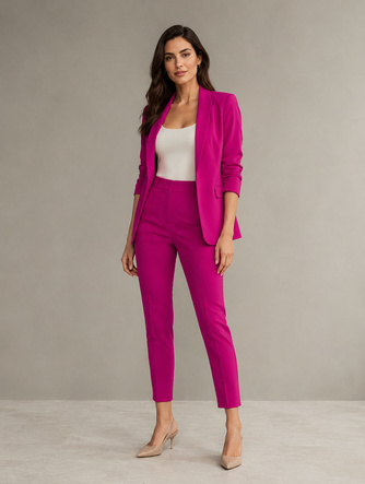 Un set elegant format dintr-un sacou fără închidere și pantaloni de culoare fucsia