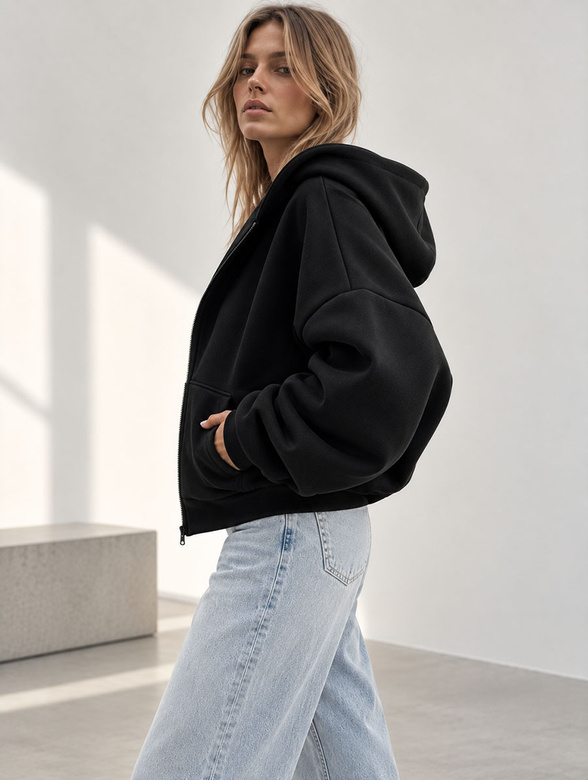 Hanorac oversize de damă cu glugă, de culoare negru