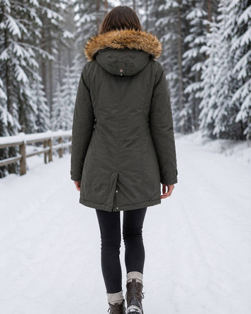 Parka de iarnă de culoare kaki, cu glugă și blană detașabilă