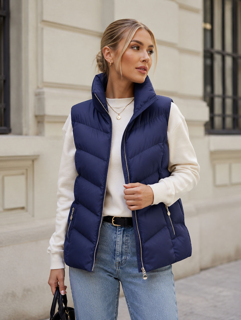 Vestă călduroasă de damă cambrată, bleumarin 